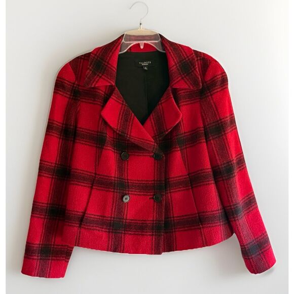 Talbots Jackets & Blazers - Talbots Red Black Plaid Blazer Jacket Wool Blend Double Breasted Buttons Sz 14